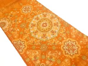 じゅらく製　手織り真綿紬格天井に華文模様織出し袋帯